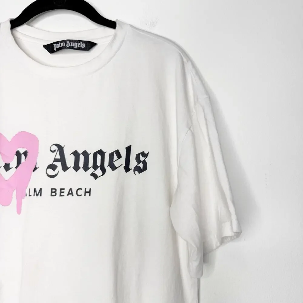 Palm Angels Pink Heart Palm Beach Logo Sprayed Tee White Graphic T Shirt Small